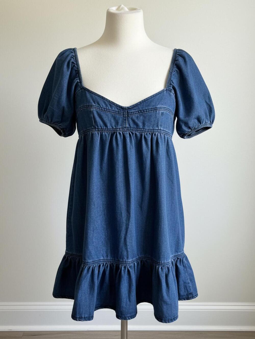 Puff Sleeve Denim Dress with Ruffle Hem
